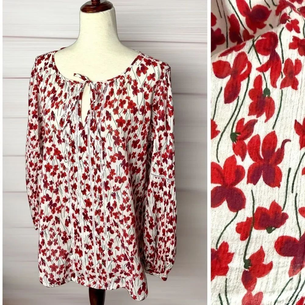 Lauren Ralph Lauren Red White Floral Blouse Peasant Boho Top Long Sleeve M